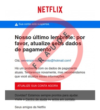 Cuidado: email falso da Netflix diz que sua conta foi suspensa